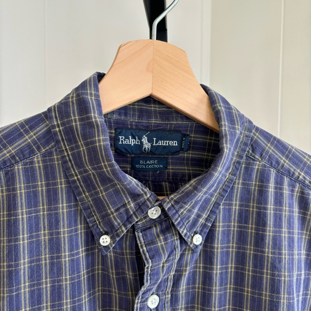 Vtg Ralph Lauren Blue Plaid Long Sleeve Button Down Blaire Shirt Mens L *NOTE